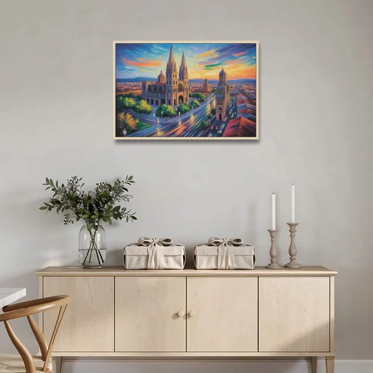 Guadalajara Cathedral - Oak Framed Canvas Wall Art - Coffee Table - 36x24