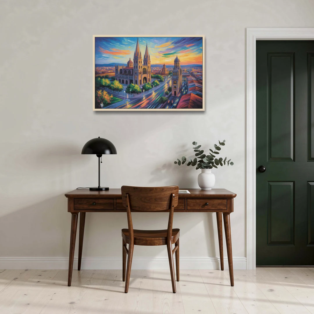 Guadalajara Cathedral - Oak Framed Canvas Wall Art - Office - 36x24
