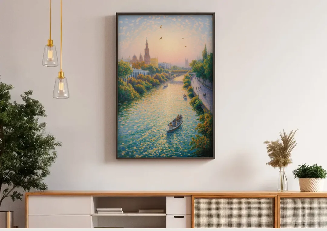 Guadalquivir Glimpse canvas wall art above a wooden sideboard under pendant lights