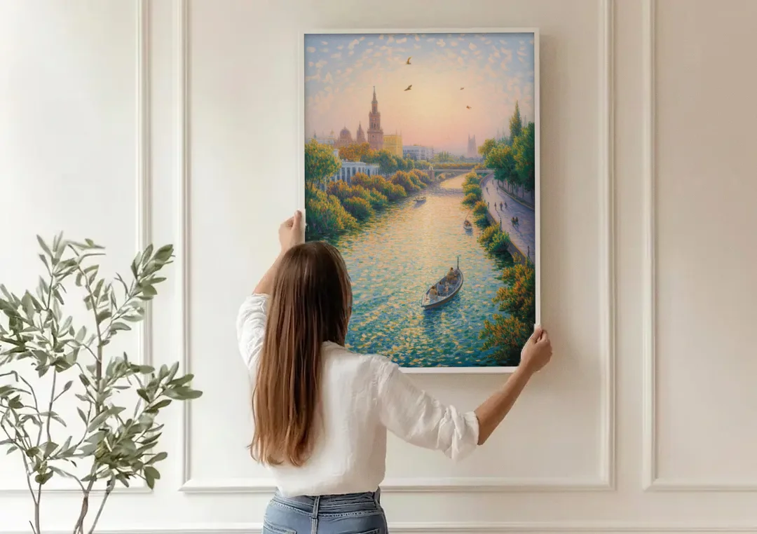 Guadalquivir Glimpse canvas wall art being hung on a paneled wall