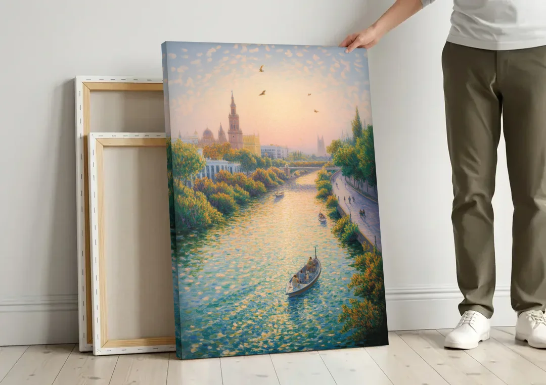 Guadalquivir Glimpse canvas wall art leaning against a wall next to blank canvases