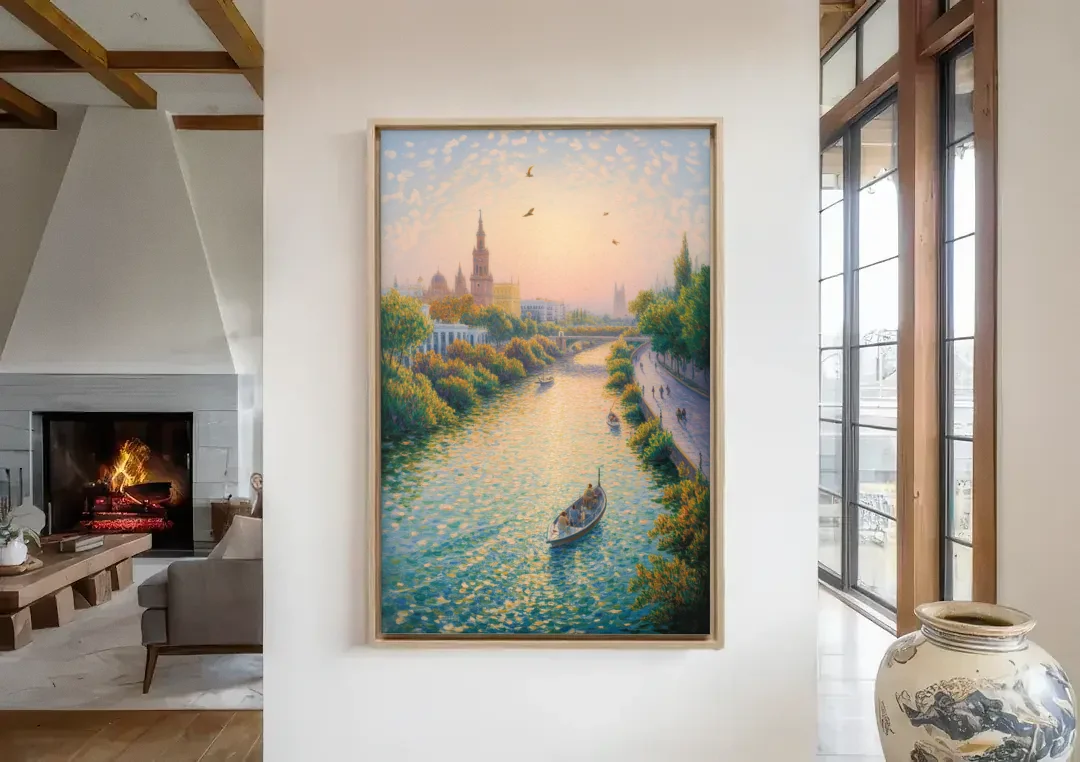 Guadalquivir Glimpse canvas wall art in a living room with a fireplace