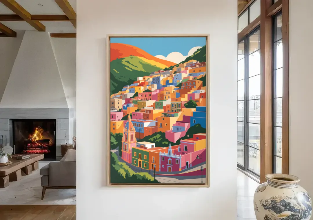Guanajuato Colorful Hills canvas wall art in a living room with a fireplace