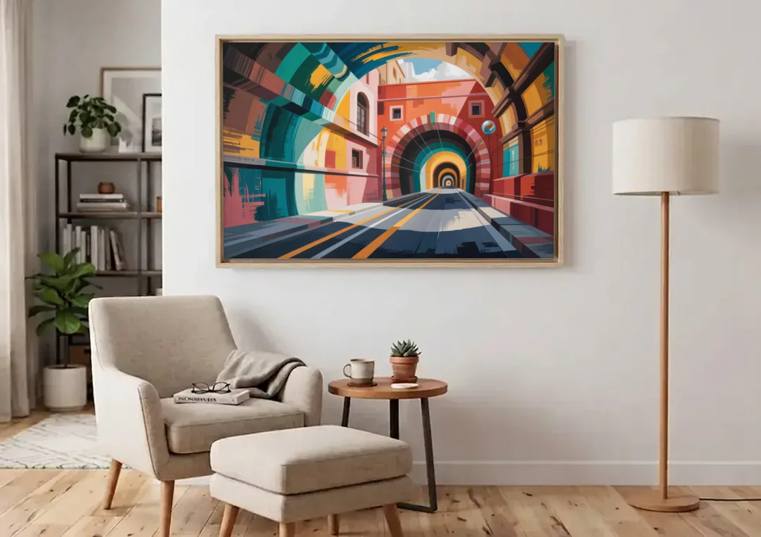 Guanajuato Tunnels canvas wall art above an armchair in a bright living room