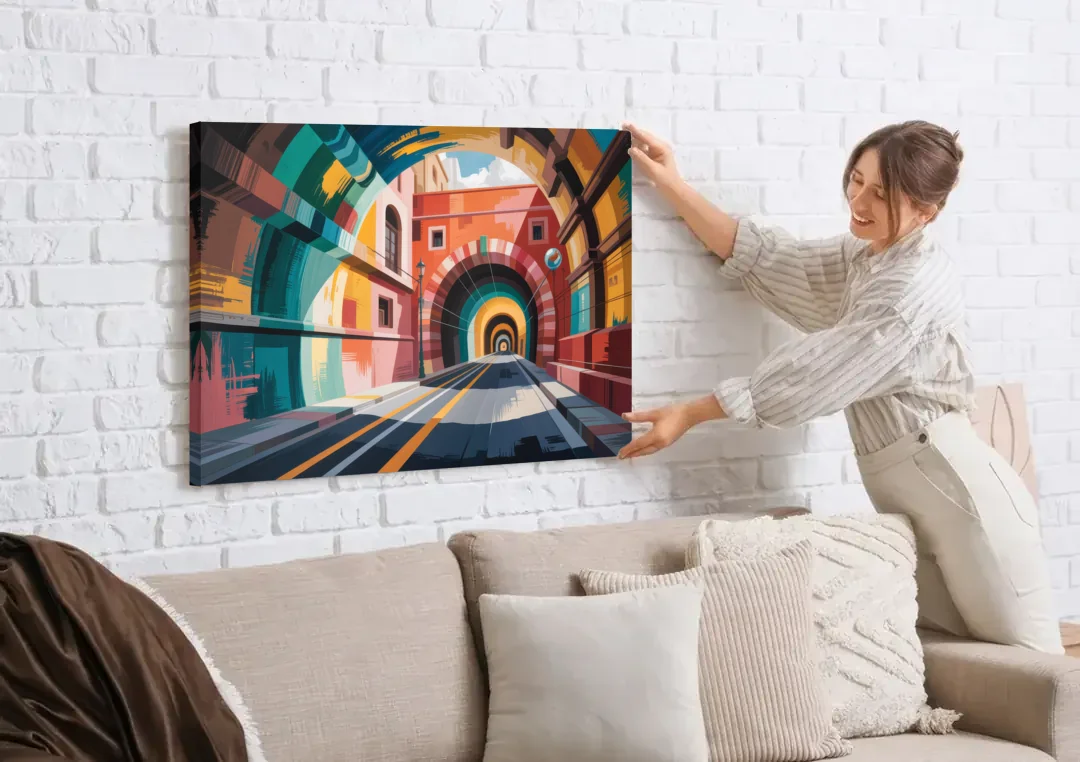 Guanajuato Tunnels canvas wall art being hung on a white brick wall above a sofa