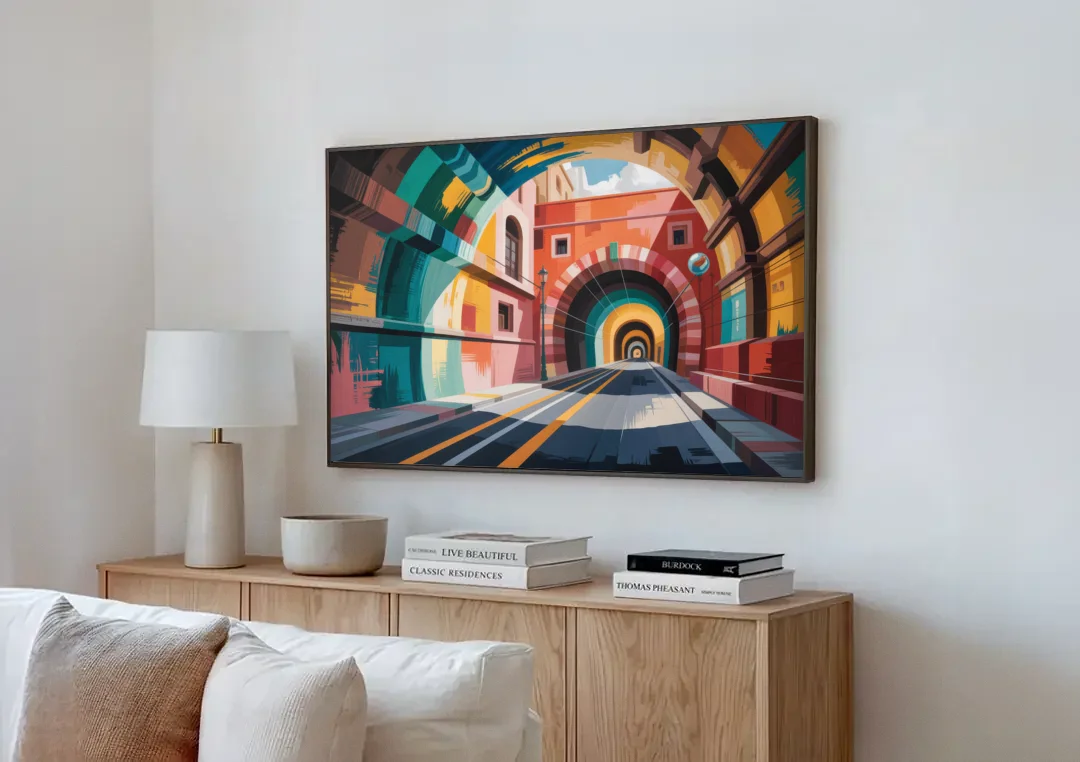 Guanajuato Tunnels canvas wall art above a wooden sideboard next to a sofa