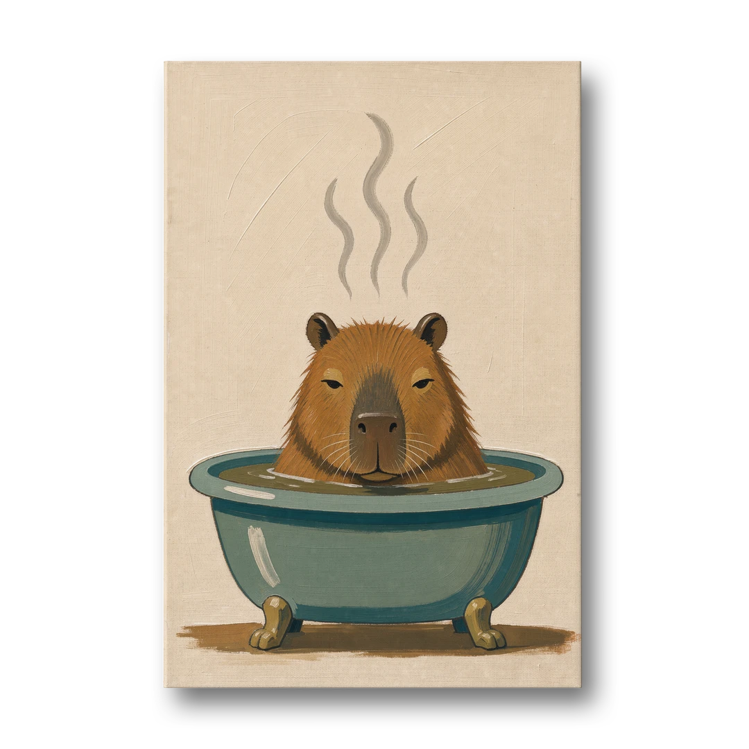 Guest Bathroom Wall Art with a Steaming Capybara - Canvas Wall Art - Front