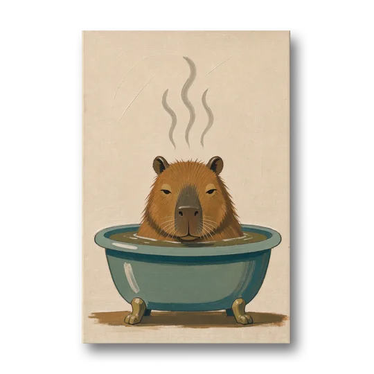Guest Bathroom Wall Art with a Steaming Capybara - Canvas Wall Art - Front