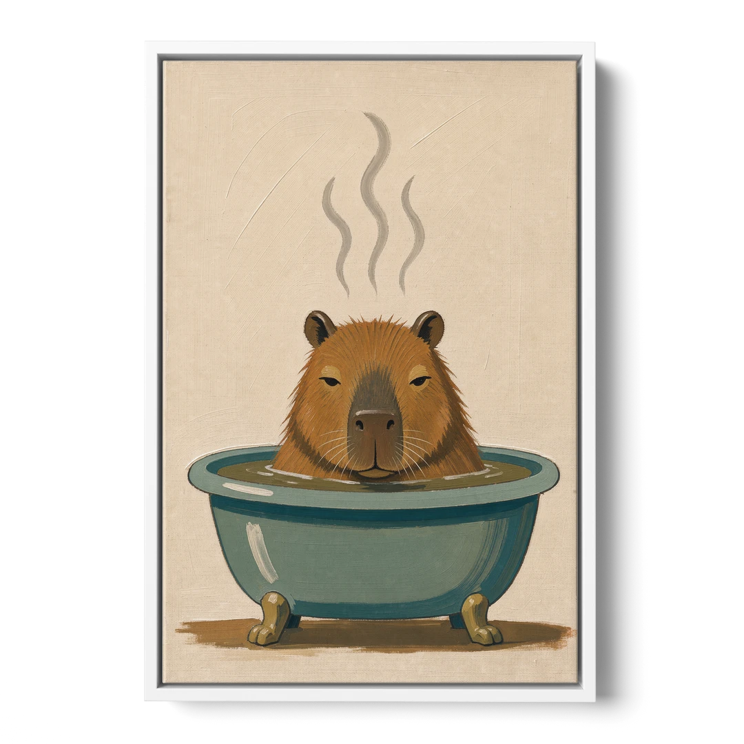 Guest Bathroom Wall Art with a Steaming Capybara - White Framed Canvas Wall Art - Front