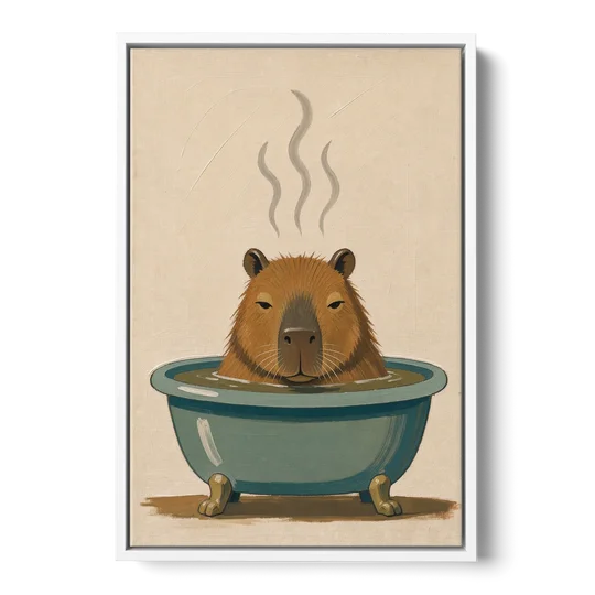 Guest Bathroom Wall Art with a Steaming Capybara - White Framed Canvas Wall Art - Front