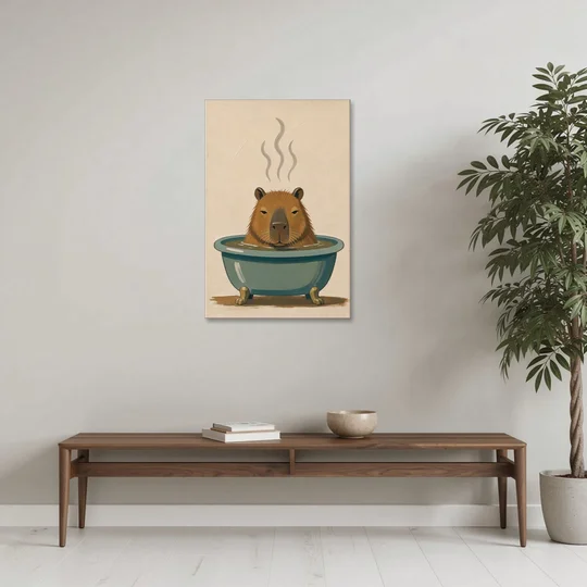Guest Bathroom Wall Art with a Steaming Capybara - Canvas Wall Art - Coffee Table - 24x36