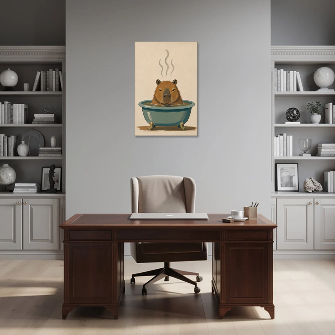 Guest Bathroom Wall Art with a Steaming Capybara - Canvas Wall Art - Office - 24x36