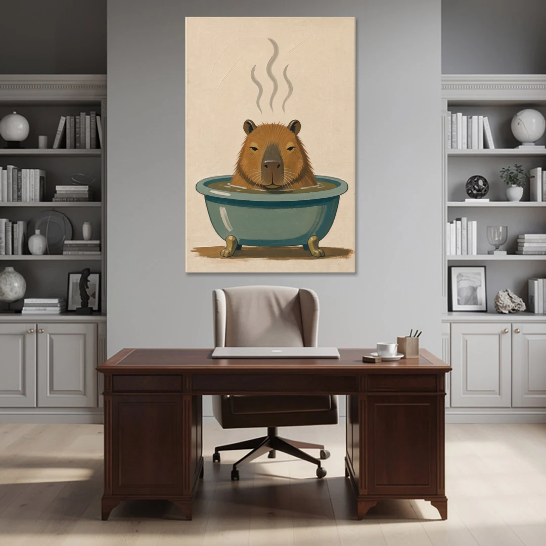 Guest Bathroom Wall Art with a Steaming Capybara - Canvas Wall Art - Office - 40x60