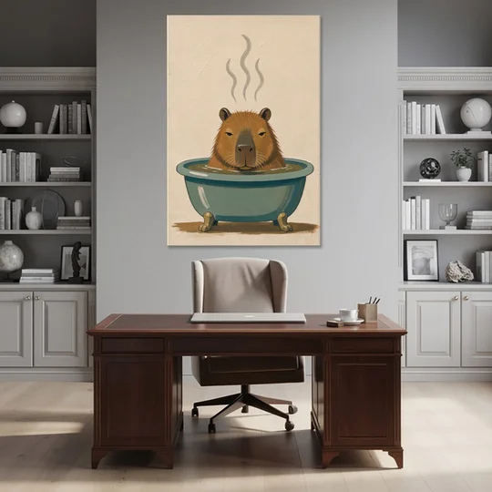 Guest Bathroom Wall Art with a Steaming Capybara - Canvas Wall Art - Office - 40x60