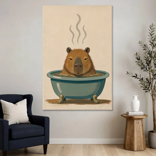 Guest Bathroom Wall Art with a Steaming Capybara - Canvas Wall Art - Sofa - 40x60