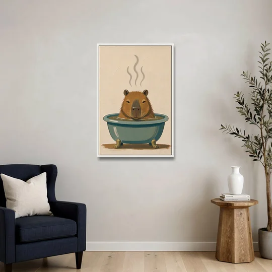 Guest Bathroom Wall Art with a Steaming Capybara - White Framed Canvas Wall Art - Sofa - 24x36
