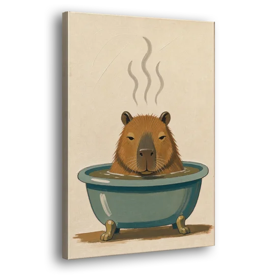 Guest Bathroom Wall Art with a Steaming Capybara - Canvas Wall Art - Side
