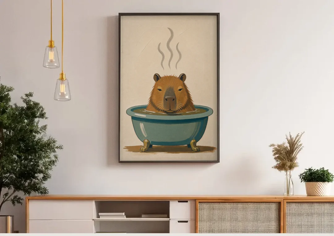 Guest Bathroom Wall Art with a Steaming Capybara canvas wall art above a wooden sideboard under pendant lights