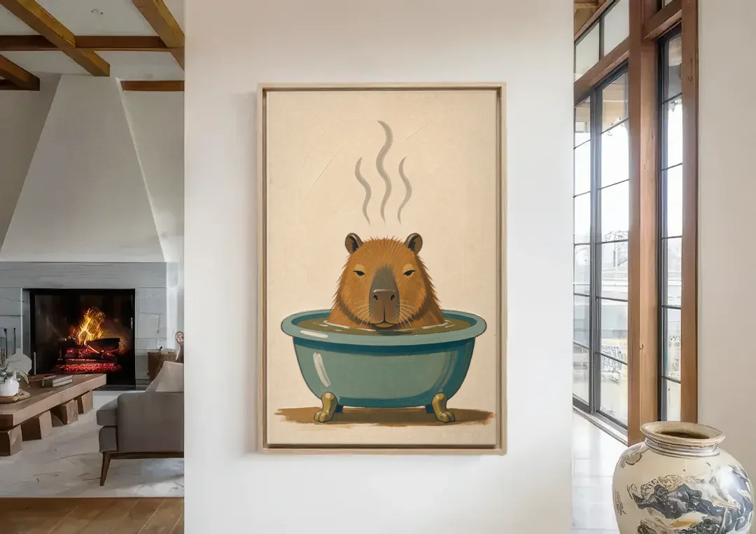 Guest Bathroom Wall Art with a Steaming Capybara canvas wall art in a living room with a fireplace