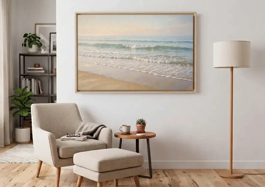 Guest Bedroom Decor of Hazy Morning Surf canvas wall art above an armchair in a bright living room