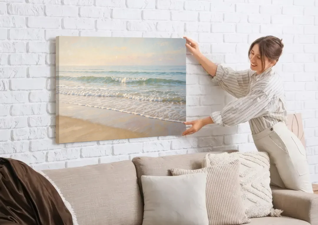Guest Bedroom Decor of Hazy Morning Surf canvas wall art being hung on a white brick wall above a sofa