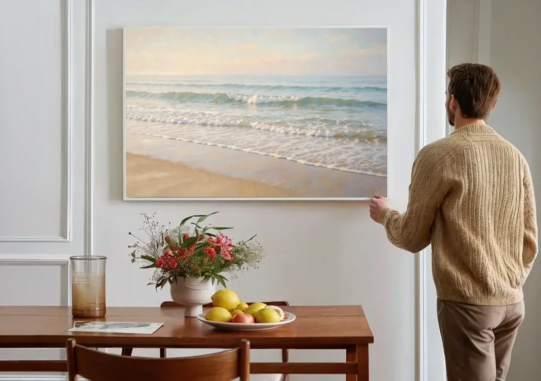 Guest Bedroom Decor of Hazy Morning Surf canvas wall art above a dining table