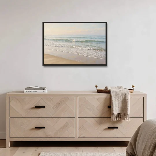 Guest Bedroom Decor of Hazy Morning Surf - Black Framed Canvas Wall Art - Coffee Table - 36x24