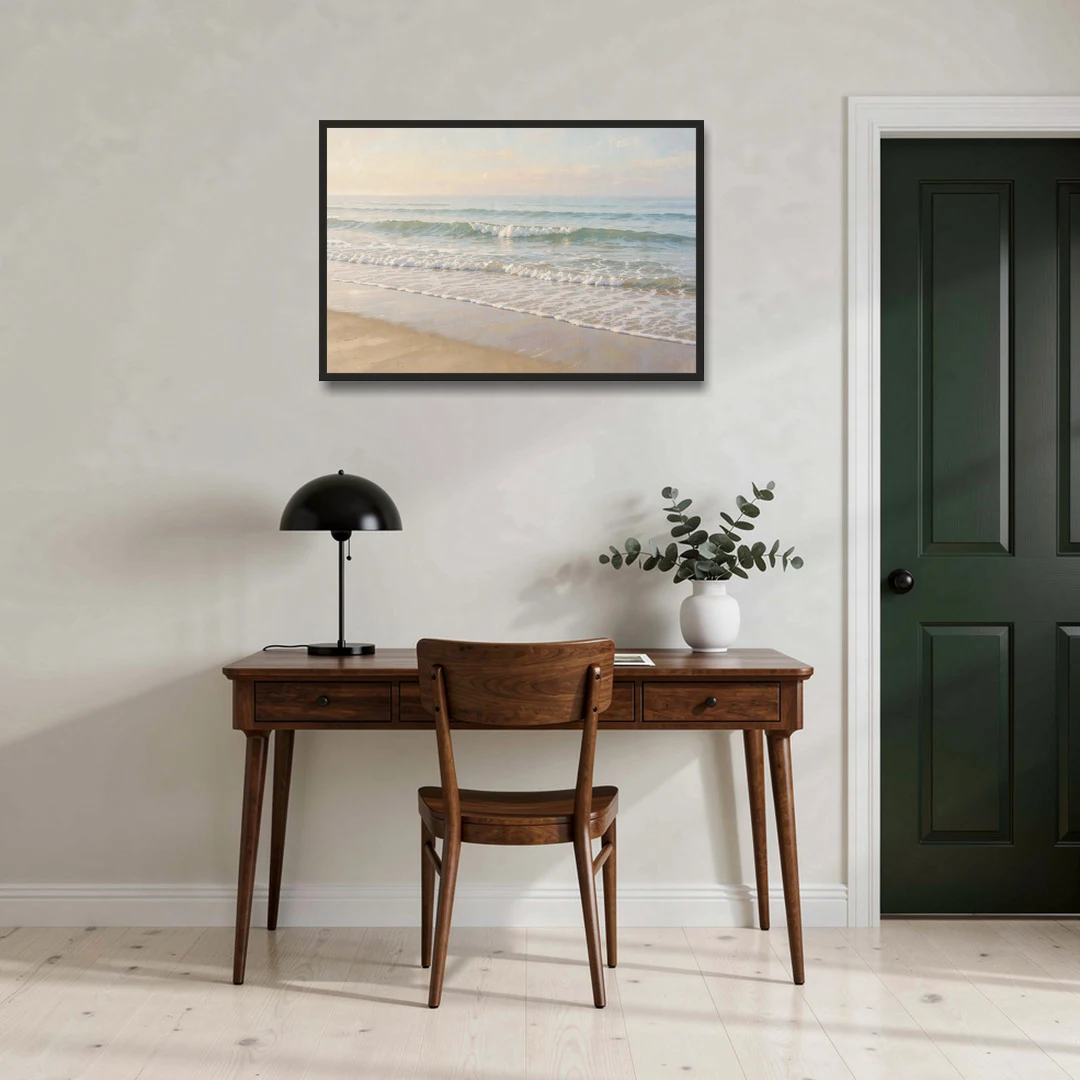 Guest Bedroom Decor of Hazy Morning Surf - Black Framed Canvas Wall Art - Office - 36x24