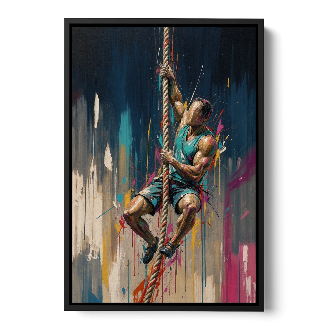 Gym Art Rope Climb Hand Over Hand - Black Framed Canvas Wall Art - Front