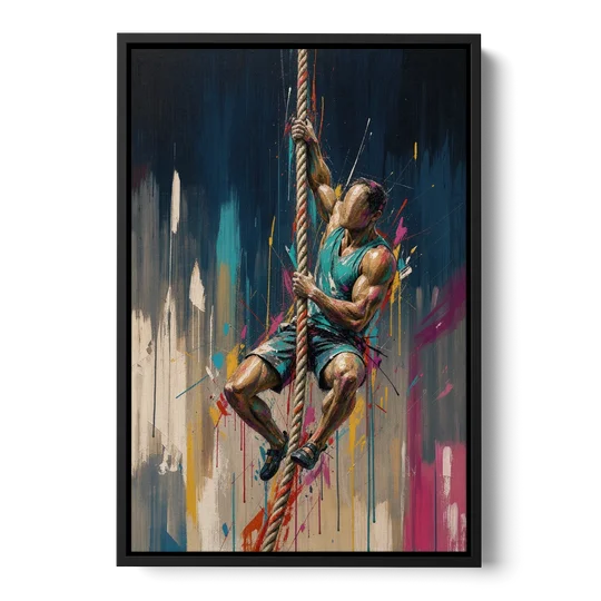 Gym Art Rope Climb Hand Over Hand - Black Framed Canvas Wall Art - Front