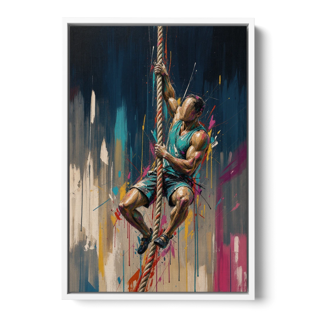 Gym Art Rope Climb Hand Over Hand - White Framed Canvas Wall Art - Front