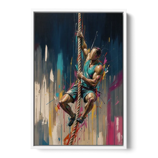 Gym Art Rope Climb Hand Over Hand - White Framed Canvas Wall Art - Front