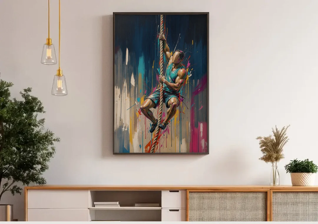 Gym Art Rope Climb Hand Over Hand canvas wall art above a wooden sideboard under pendant lights