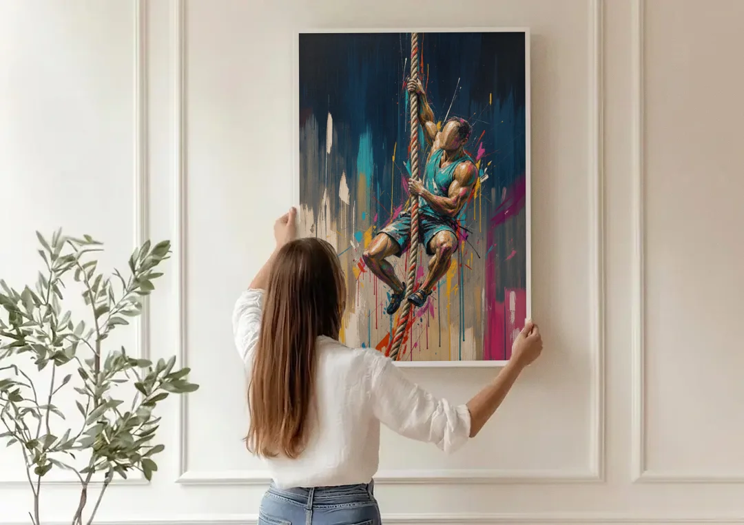Gym Art Rope Climb Hand Over Hand canvas wall art being hung on a paneled wall