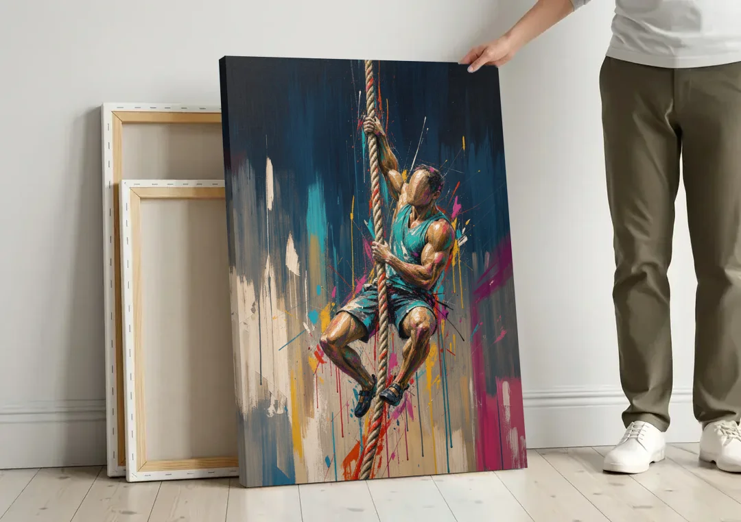 Gym Art Rope Climb Hand Over Hand canvas wall art leaning against a wall next to blank canvases
