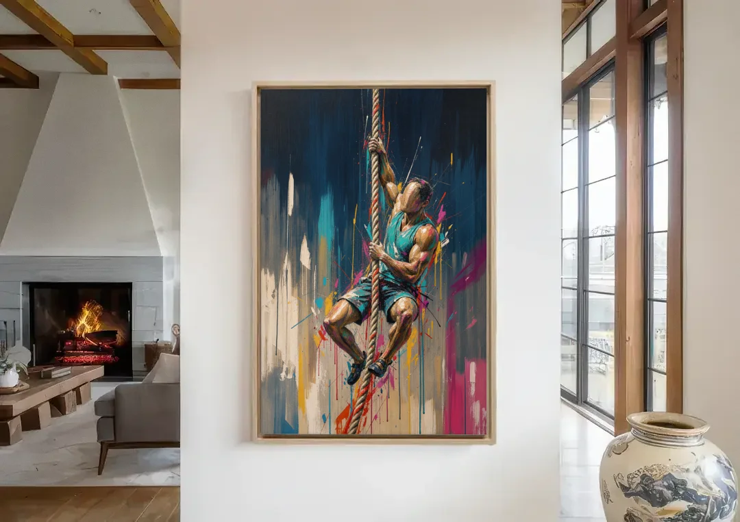 Gym Art Rope Climb Hand Over Hand canvas wall art in a living room with a fireplace