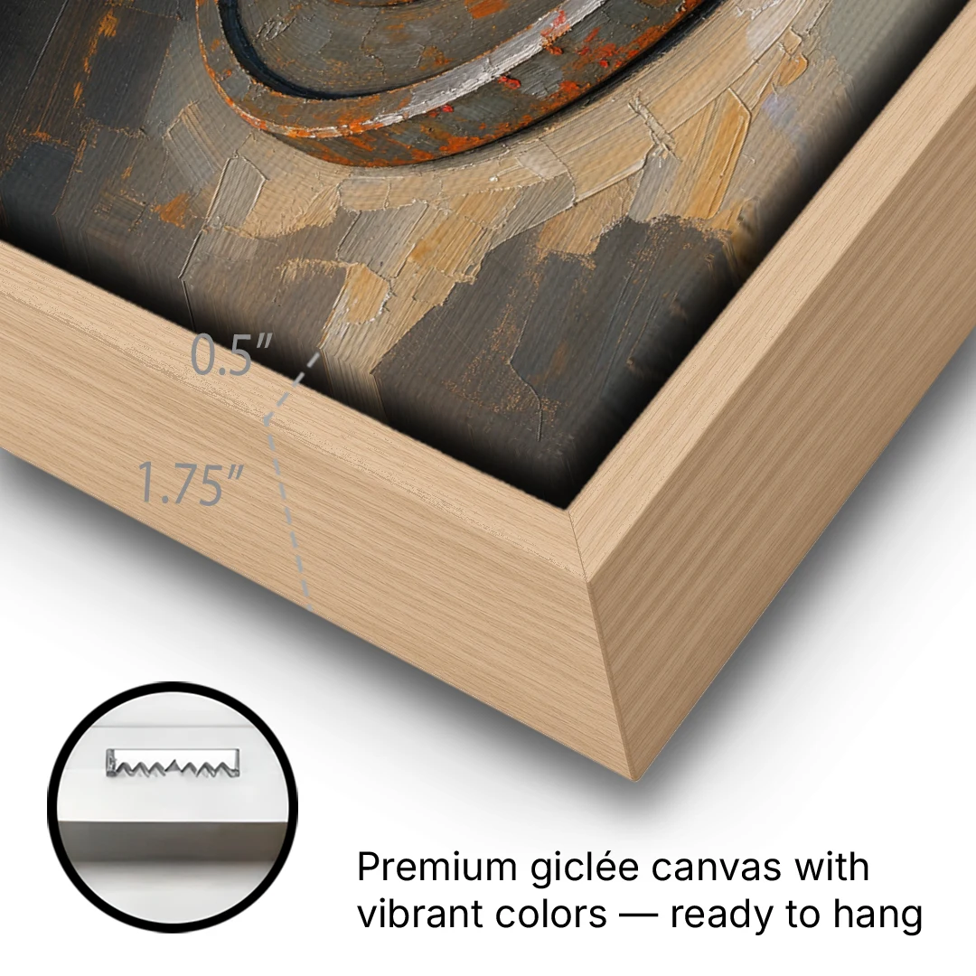 Gym Decor Rusted Plate Stack in Low Light - Oak Framed Canvas Wall Art - Gallery Wrap Corner