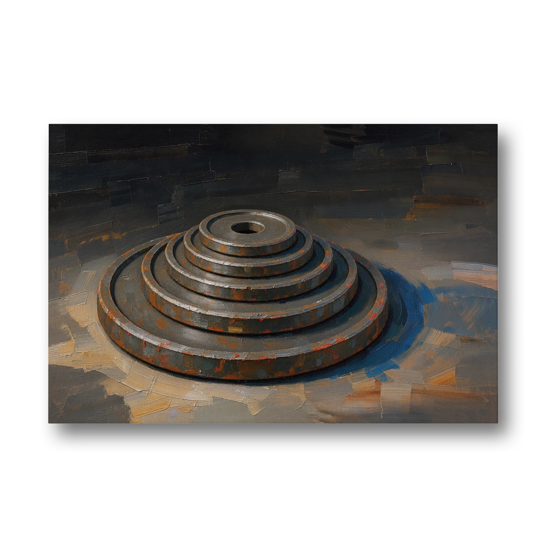 Gym Decor Rusted Plate Stack in Low Light - Canvas Wall Art - Front