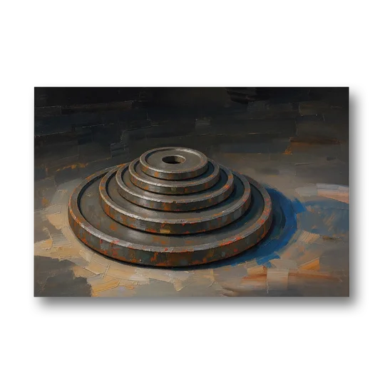 Gym Decor Rusted Plate Stack in Low Light - Canvas Wall Art - Front
