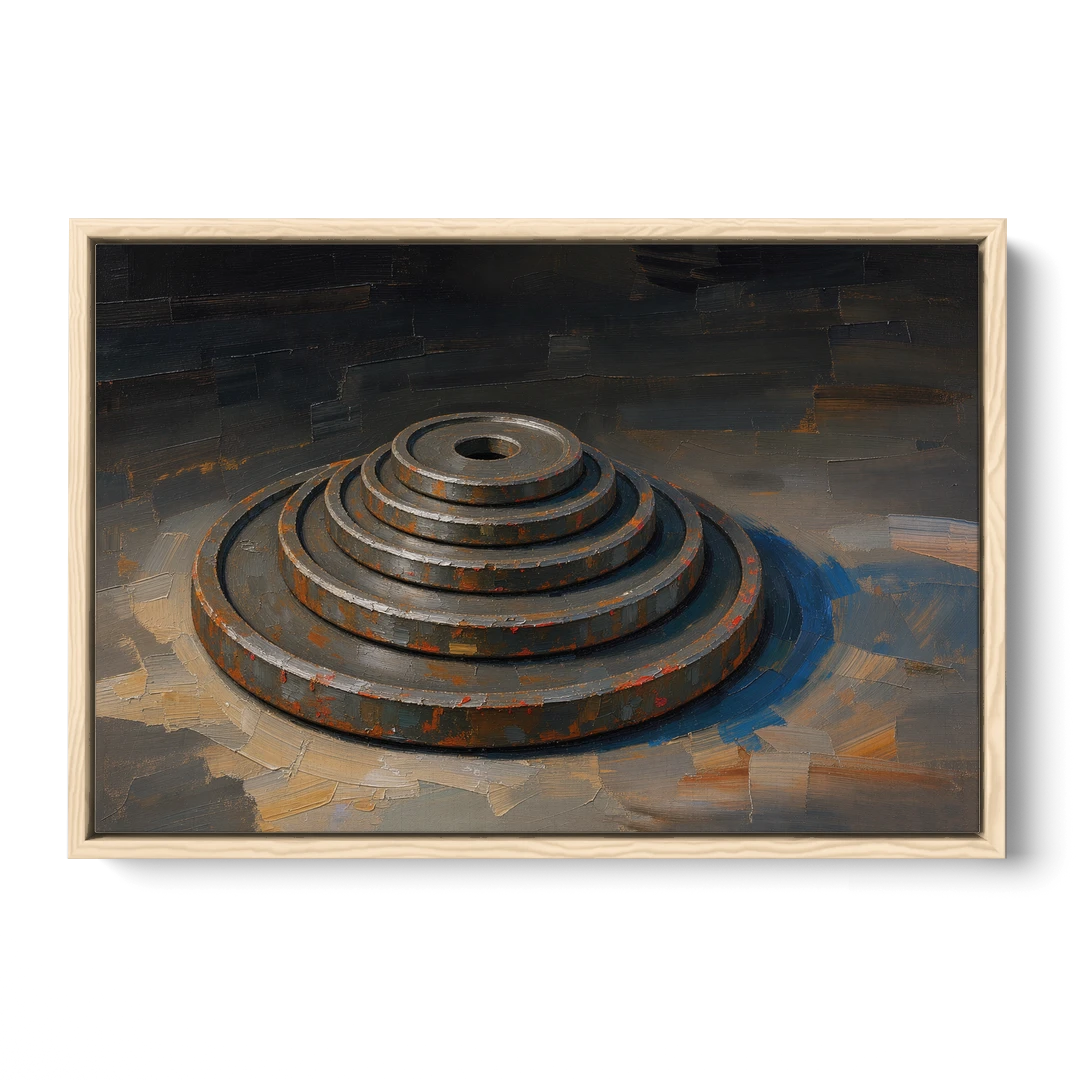 Gym Decor Rusted Plate Stack in Low Light - Oak Framed Canvas Wall Art - Front
