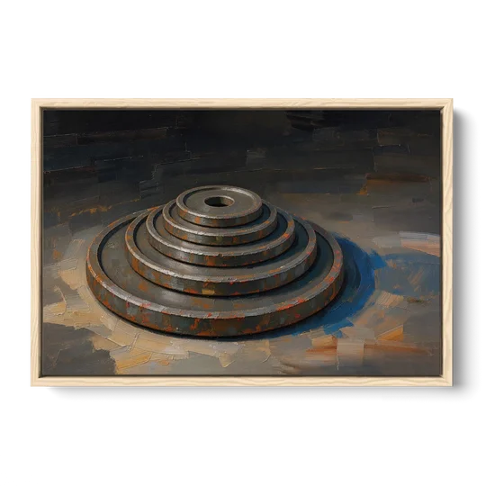 Gym Decor Rusted Plate Stack in Low Light - Oak Framed Canvas Wall Art - Front
