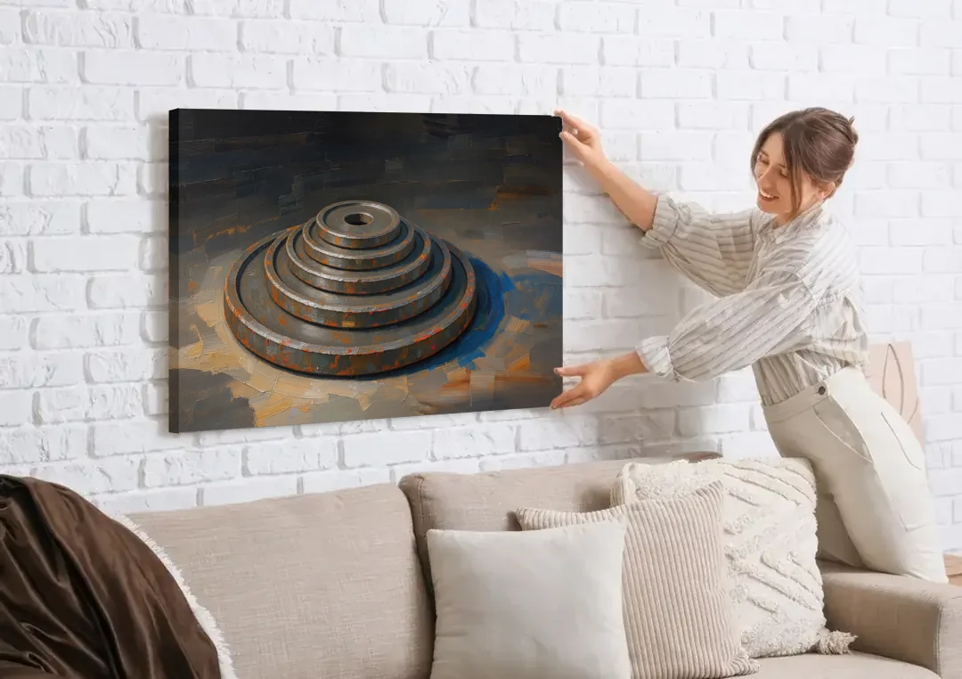 Gym Decor Rusted Plate Stack in Low Light canvas wall art being hung on a white brick wall above a sofa