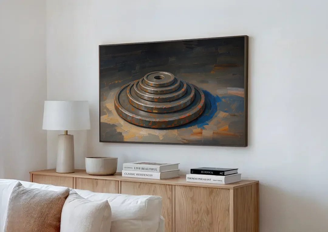 Gym Decor Rusted Plate Stack in Low Light canvas wall art above a wooden sideboard next to a sofa