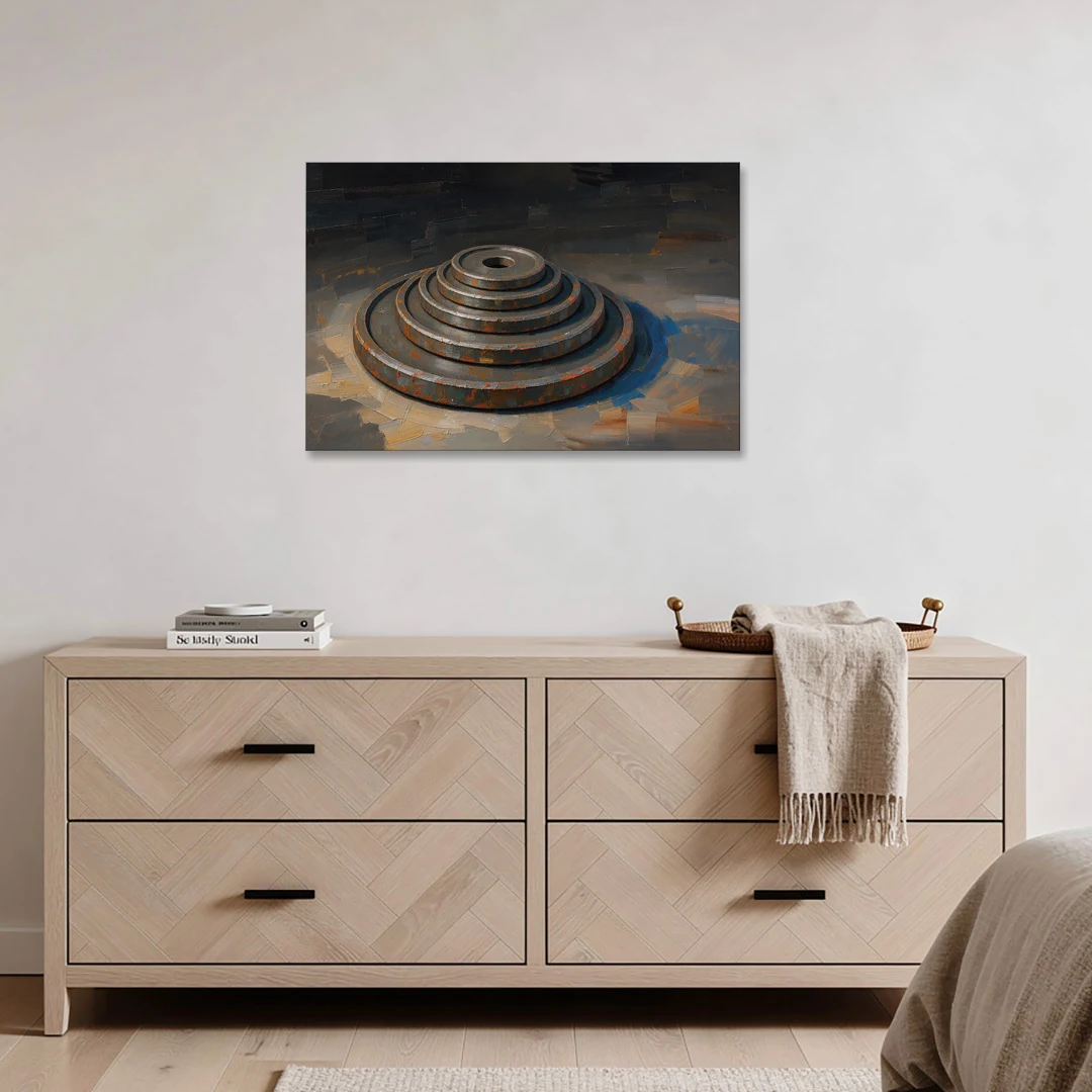 Gym Decor Rusted Plate Stack in Low Light - Canvas Wall Art - Coffee Table - 36x24