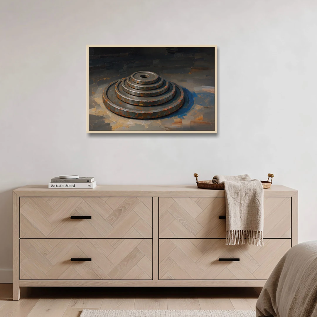 Gym Decor Rusted Plate Stack in Low Light - Oak Framed Canvas Wall Art - Coffee Table - 36x24