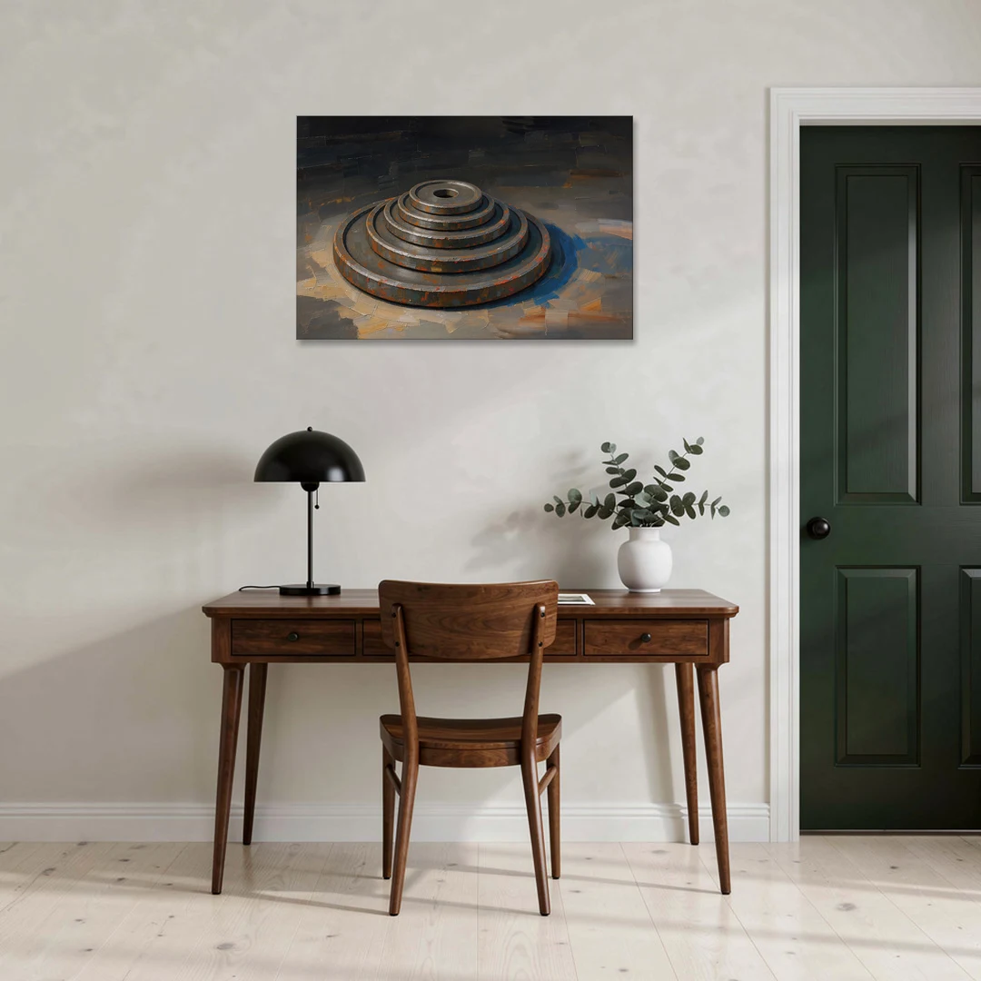 Gym Decor Rusted Plate Stack in Low Light - Canvas Wall Art - Office - 36x24