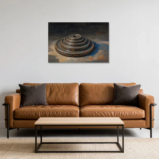 Gym Decor Rusted Plate Stack in Low Light - Canvas Wall Art - Sofa - 36x24