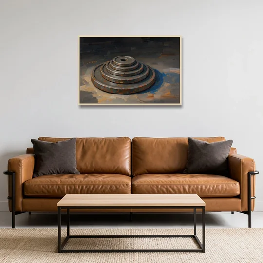 Gym Decor Rusted Plate Stack in Low Light - Oak Framed Canvas Wall Art - Sofa - 36x24