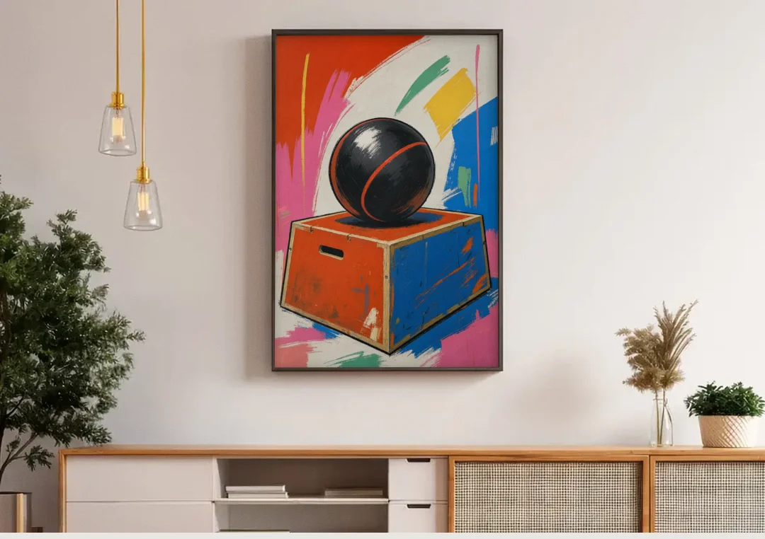 Gym Wall Art Medicine Ball on a Jump Box canvas wall art above a wooden sideboard under pendant lights