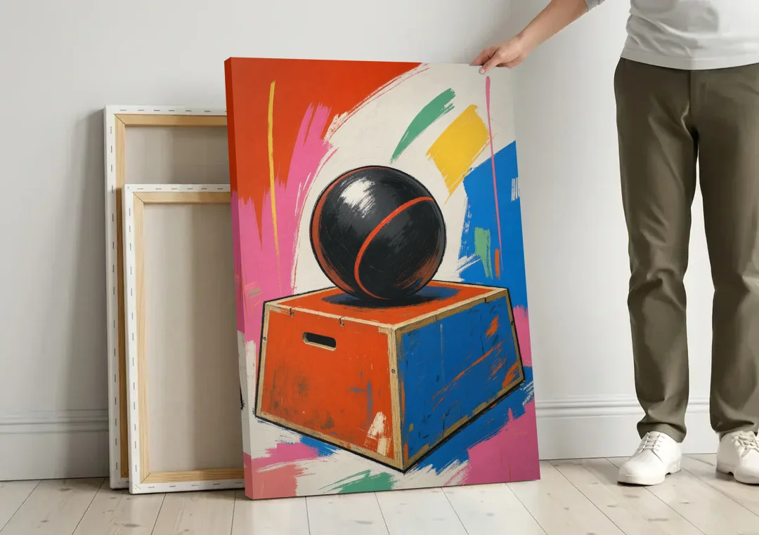 Gym Wall Art Medicine Ball on a Jump Box canvas wall art leaning against a wall next to blank canvases